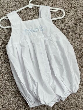 The Beaufort Bonnet Company white bubble outfit embroidered “Frank”